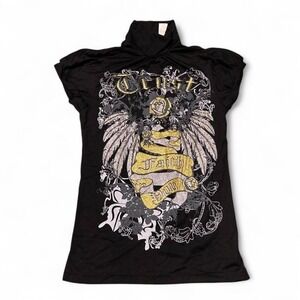 Vixen mock neck y2k style top cap sleeve vtg bling neck window L/15.5‎